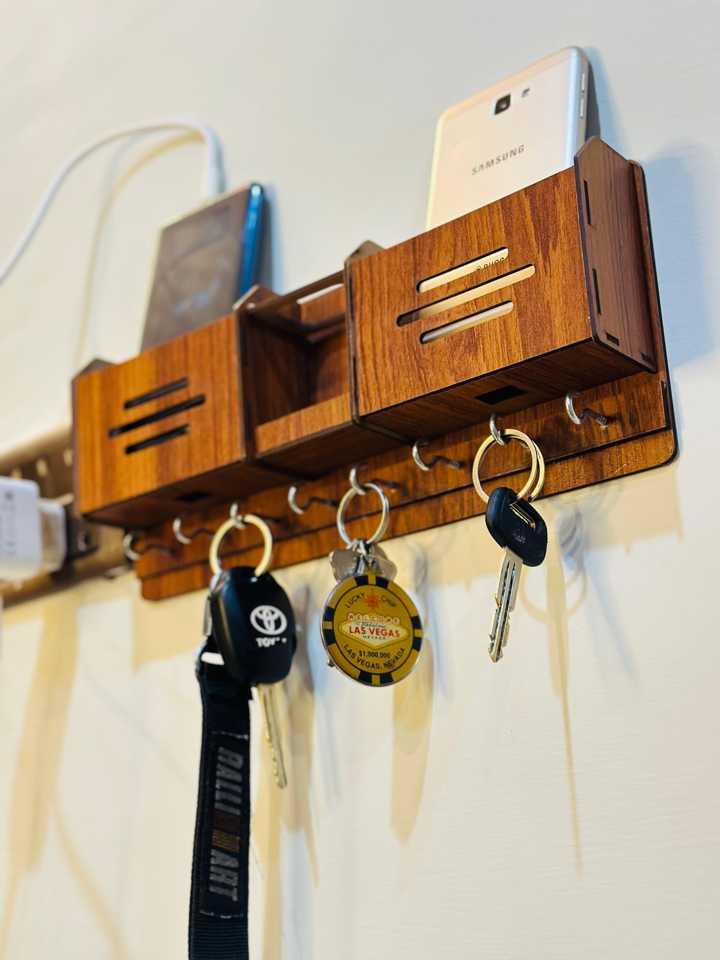 Premium Wooden Mobile And Key Holder. Best Decoration And Mobile Safety Product.