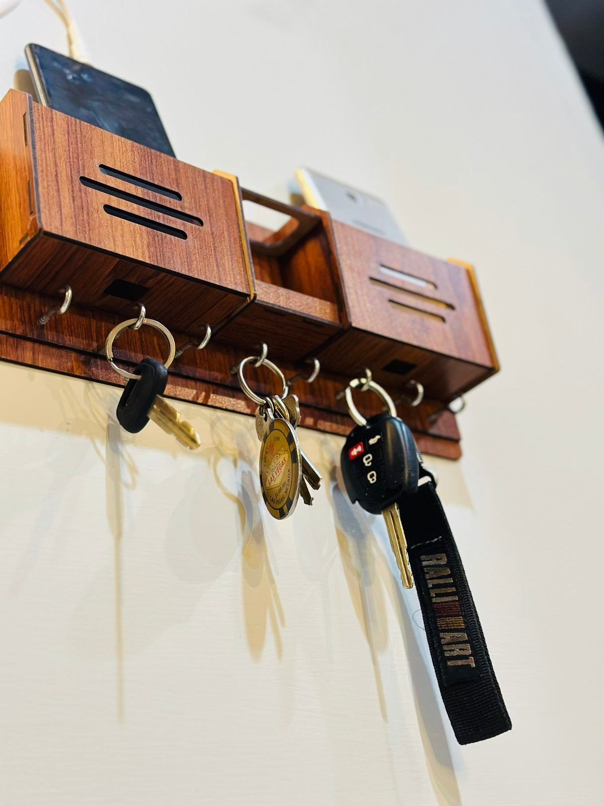 Premium Wooden Mobile And Key Holder. Best Decoration And Mobile Safety Product.