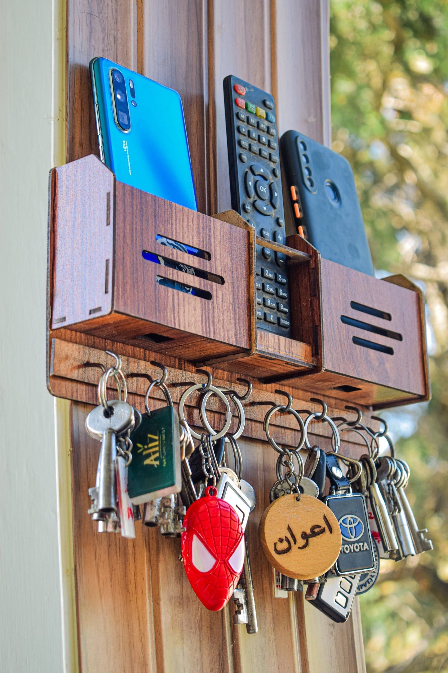 Premium Wooden Mobile And Key Holder. Best Decoration And Mobile Safety Product.