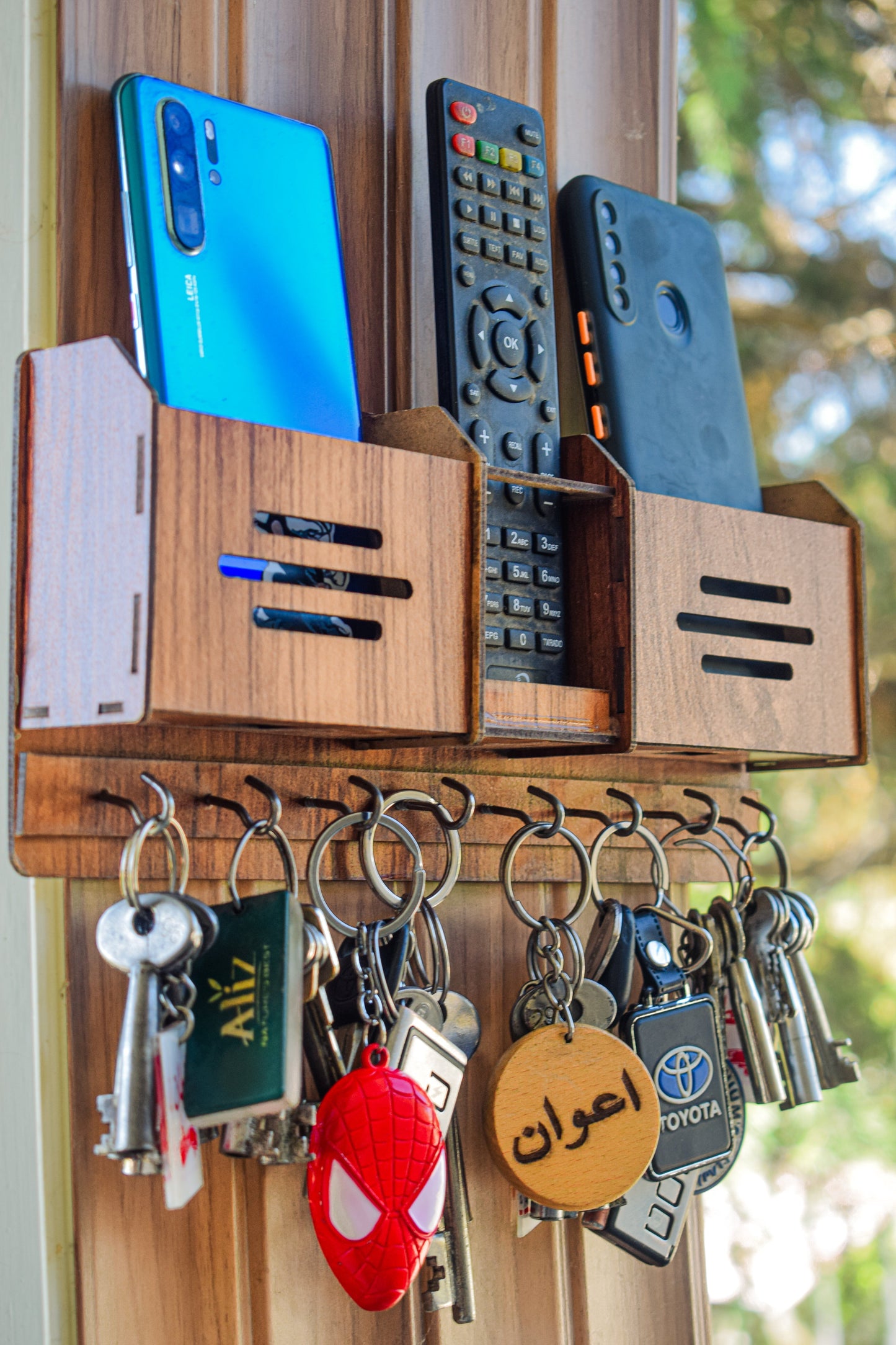 Premium Wooden Mobile And Key Holder. Best Decoration And Mobile Safety Product.